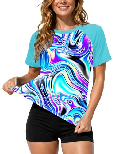 Image of AOBUTE Women Short Sleeve Rash Guard Gradient Sun Protection Swim Shirts