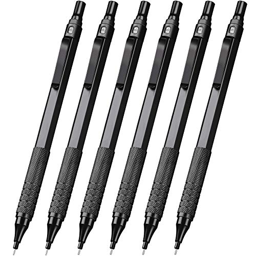 6 Pieces Metal Mechanical Pencils 0.3 mm, 0.5 mm and 0.7 mm Automatic Mechanical Pencils Writing Pencils, 9 Tubes HB Pencil Leads and 2 Pieces Erasers for Writing Draft, Drawing, Sketching (Black)