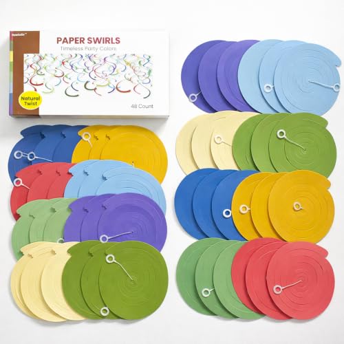 Image of HonuGoGo Boho Party Decorations, 48 Pc Retro Paper Hanging Swirls | Vintage Neutral Tone Paper Streamers with Hooks for Birthday, Baby Shower, Wedding, Brunch, Classroom & Home Celebrations