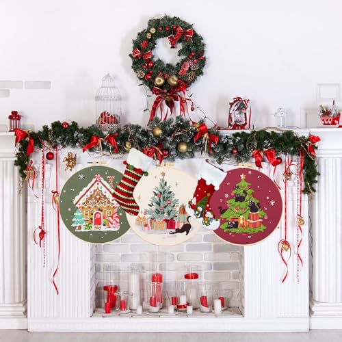 Image of LB Christmas Embroidery Kit for Beginners Adults, 3 Sets Hand Embroidery Starter Kit with Black Cat Pattern and Instructions Stamped Cross Stitch Kits Include Embroidery Hoop Needles Threads Scissors