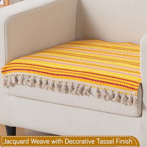 Image of HOKIPO 'Artisan Boho Series' Sofa Cover Mat with Tassel for 1 Seater Sofa | 450 GSM Thick Cotton Acrylic Jacquard Fabric, Mustard Yellow (IN-901-A1*S)