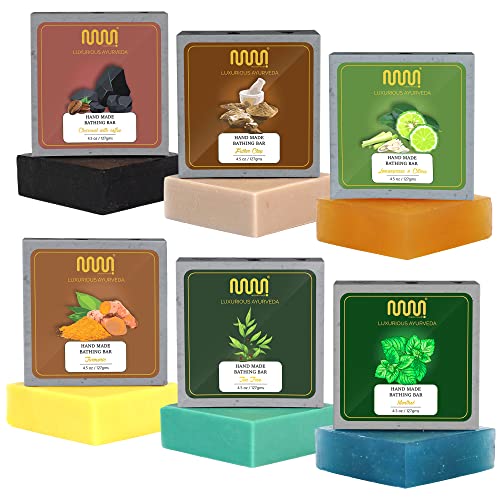 Mastermedi All Natural Soap Bar Charcoal With Coffee|Tea Tree|Turmeric|Lemongrass & Citrus|Fuller Clay|Menthol, Softer & Smoother Skin, Handmade Organic Soap Scented With Premium Essential Oils & Natural Flavors, Women & Men's Bar Soap, Pack 6 #TOP6