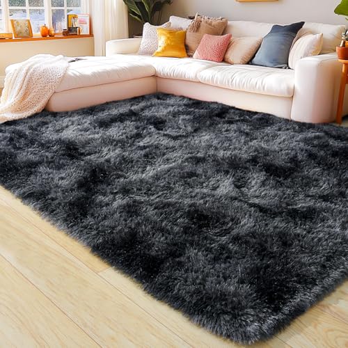 KING DARE Area Rug for Bedroom Tie-Dyed Black Gray Rugs, 5x7 Fluffy Soft Shaggy Plush Fuzzy Furry Floor Carpet Washable Non-Slip Modern Rugs for Living Room Dorm Girls Boys Room Aesthetic Decor
