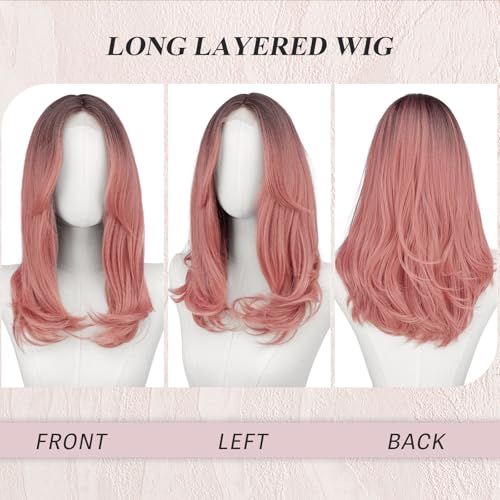 Image of FESHFEN Lace Front Hairline Wigs with Bangs, Synthetic Natural Looking Long Layered Straight Hair Wig for Women Daily Party Costume, 18 inch Ombre Pink