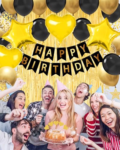 Image of Black Gold Happy Birthday Party Decorations with Banner Balloons for men