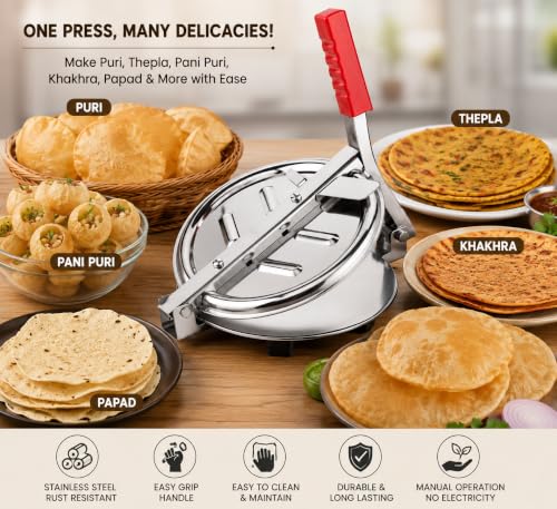 Image of Blendura Stainless Steel Puri Press Machine with Easy Grip Handle, Manual Papad, Khakhra, Chapati & Roti Maker for Home Kitchen