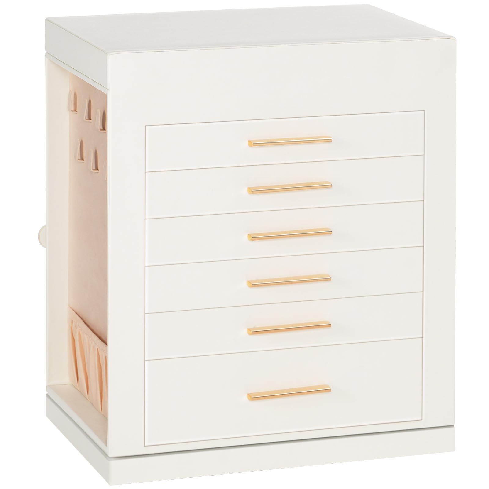 HOOBRO Caja Joyero Giratorio 360°, Caja de Joyas, Organizador de Accesorios con 6 Cajones y Vitrina de Vidrio, Expositor para Collares, Anillos, Pendientes, Pulseras, Blanco y Dorado EWT16JB04