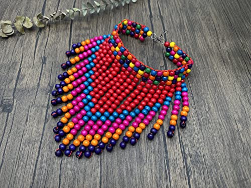 Jhwzaiy Statement African Jewelry Chunky Colorful Wood Beaded Necklaces For Women Strands Big Bib Choker Collar Multi Color Layered Cluster Tassel Wooden Bead Necklace Handmade Fashion Costume Accessories (Red Multicolor) #TOP5