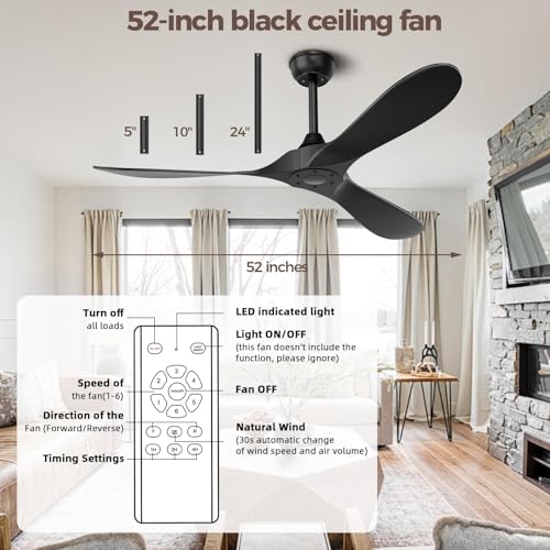 Image of Obabala Black Ceiling Fan No Light with Romote, 52 inch Outdoor Fans for Patios /Porch /Bedroom /Kitchen, Noiseless, 3 Downrods, 6 Speed, Reversible DC Motor, Modern, 3 Blades, Timer
