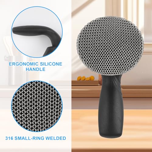 Image of Upgraded Fine-Ring Chainmail Scrubber with 3.5 inch Diameter Large Brush Head and Ergonomic Handle, 316 Stainless Steel Cleaner for Deep Pots, Large Skillets, Heavy Cookware