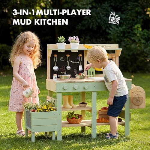 Image of Frogprin Mud Kitchen for Kids, Outdoor Play Kitchen with Insect Observation Box & Planter Box, Kitchen Accessories, Gardening Tool Toy, Removable Sink Faucet, Wooden Pretend Kitchen for Boys Girls 3+