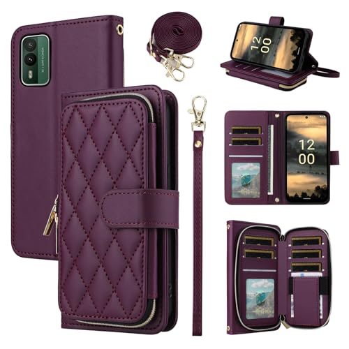 Image of ELISORLI Wallet Case for Nokia XR21 5G with Detachable Wrist Strap Crossbody Shoulder Strap 9 Card Slots Zipper Purse Luxury PU Leather Stand Cell Accessories Phone Cover for NokiaXR 21 Girls Wine Red