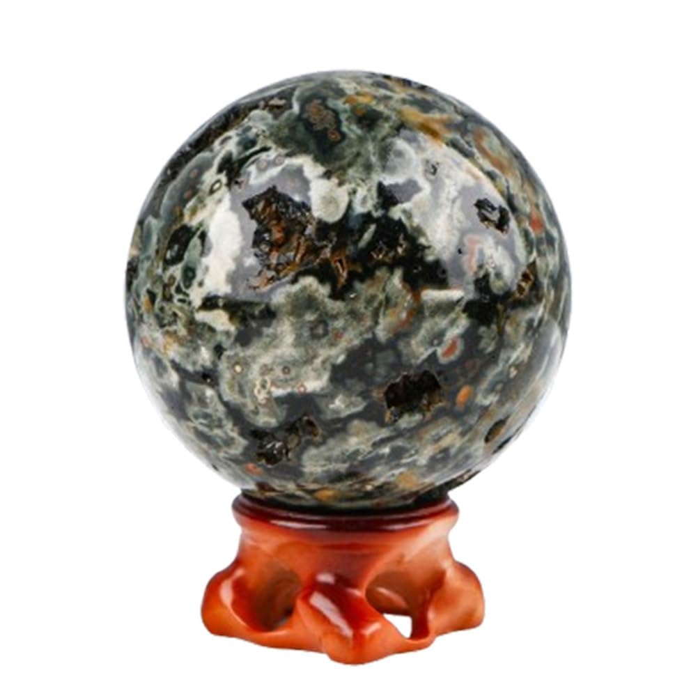 SHFTQXSLAT Crystal Stone Ball Ocean Jasper with Wooden Stand Quartz Sphere Gemstone Agate Chalcedony Home Decoration,70mm