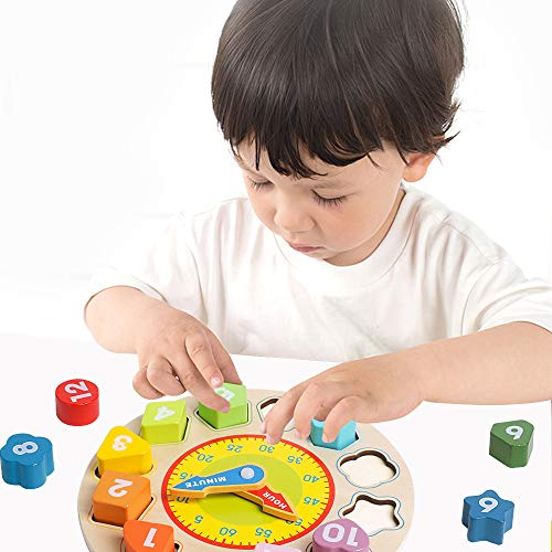 Wooden Shape Color Sorting Clock- Teaching Time Number Blocks Clock Shape Sorting Puzzle Montessori Early Learning Educational Toy Gift For 1 2 3 Year Old Toddler Baby Kids #TOP5