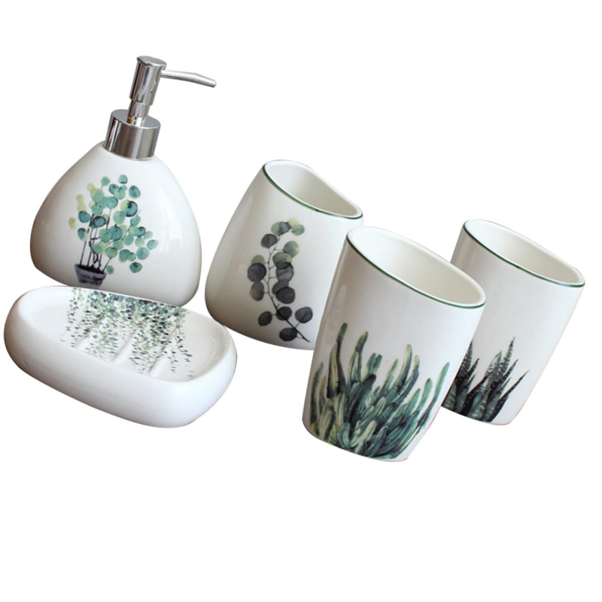 Set Salle de Bains Céramique Premium 5 Pièces Motif Plantes Botaniques