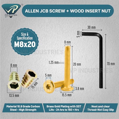 Image of Rely⇒VP INDUSTRIES (Combo Set -10 Pcs) M8x20 mm Allen JCB Screw with M8x15 mm Internal Thread Wood Insert D-Nut With Allen Key 1 Pc | Fastener for Joining Wood Boards, Cabinets, Cupboards, & Beds