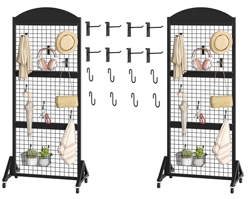 CHOEZON 2 Packs Grid Wall Panel 5.7' x 2' FT Grid Display Rack with Wheels, Movable Gridwall Display Stand with 8 S-Shaped Hooks and 8 Garment Hooks, Floorstanding Wire Grid Rack, Black TCJ17P2BB