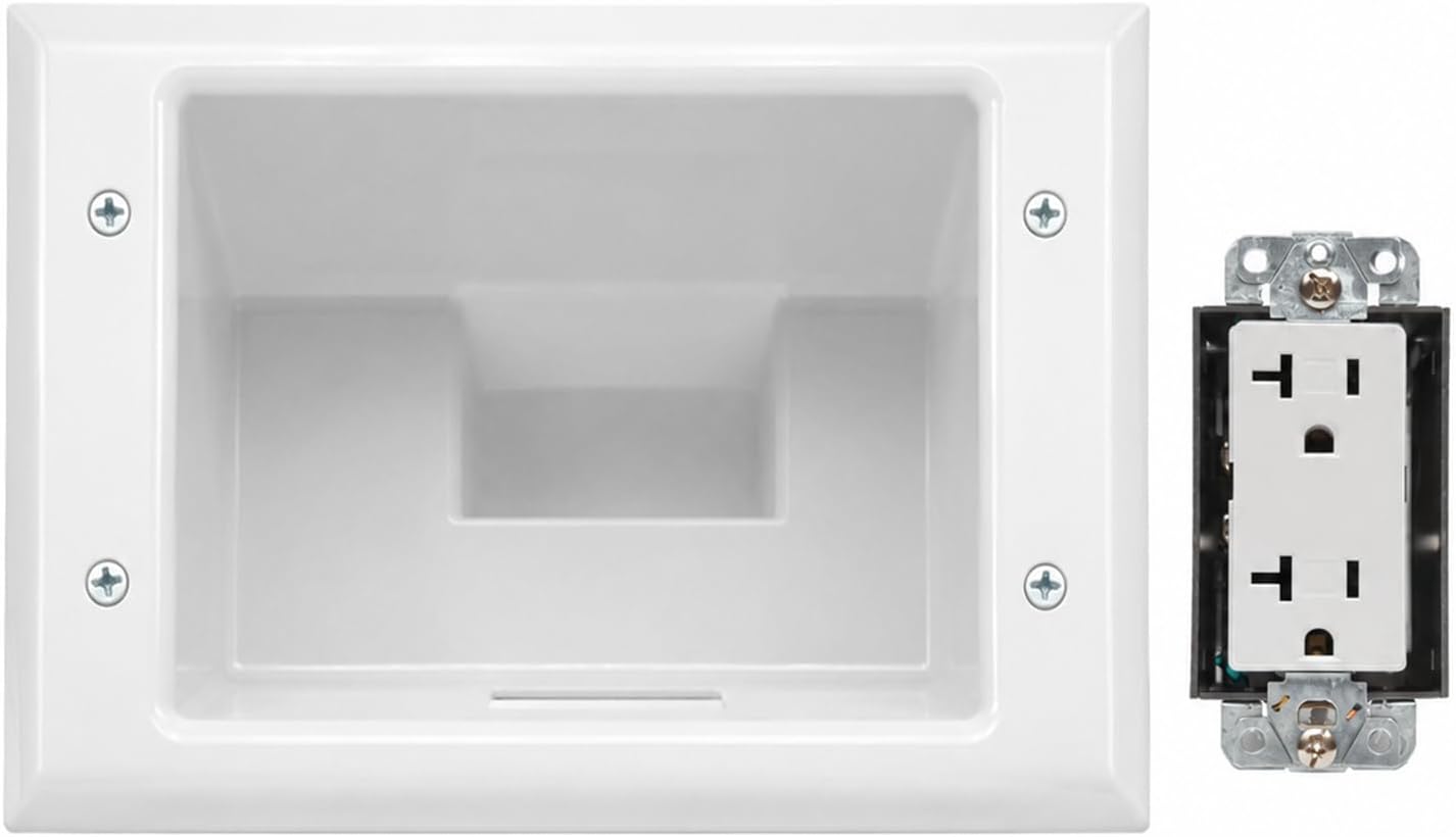 DATA COMM Electronics 45-0072-WH Commercial Grade Recessed Wall Plate Cable Pass Through, Mid-Size Low Voltage AV/HDMI Cord Hider with 20A Duplex Power Receptacle, TV & Home Theater, White