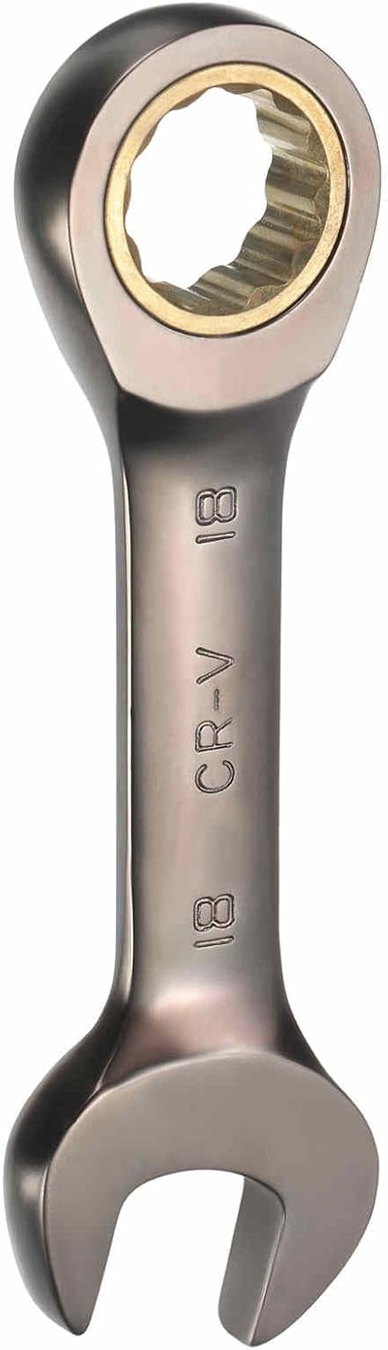 HARFINGTON Stubby Ratcheting Wrench 18mm Metric Box and Open End Cr-Mo Steel 12-Point 72-Teeth Geared Combination Wrench Spanner for Home Auto Repair Machine Maintenance