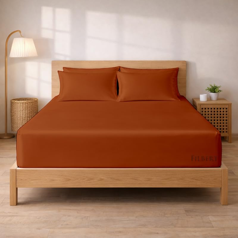 Image of Filbert - Premium Satin Fitted Bedsheet Queen Size (60x78 Inch) with 2 Pillow Covers | Hypoallergenic Breathable | Hair and Skin Friendly, Women Gift Choice|Copper