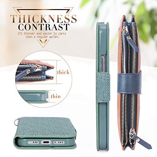 Skycase Iphone 12/12 Pro 6.1" 5G Wallet Case: Rfid Blocking, Handmade Flip Folio, Card Slots, Detachable Strap, Green #TOP6