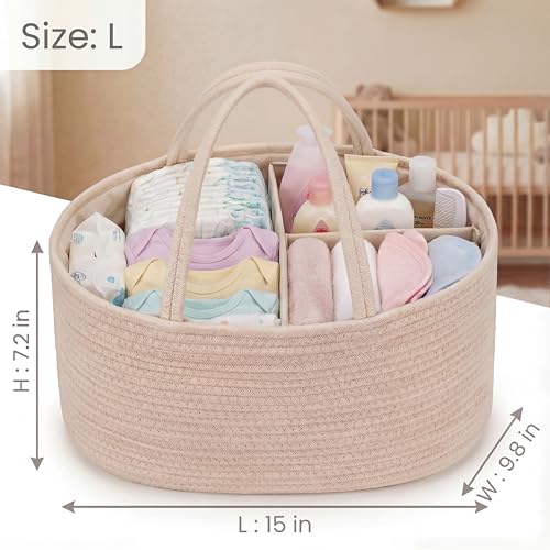 Image of luxury little Diaper Caddy Organizer, Large Cotton Rope Nursery Baby Basket, Changing Table Organizer for Baby Diaper Storage, Portable Car Organizer Removable Divider (Oatmeal, Large)