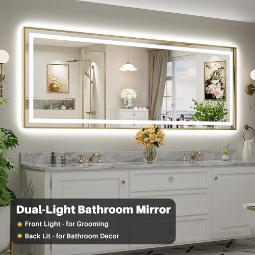 Image of 96X36 Inch LED Bathroom Mirror with Gold Frame, Backlit & Front Lit, Anti-Fog Lighted Bathroom Vanity Mirror for Wall, Memory Function, Dimmable, HD Tempered Glass, Shatter-Proof