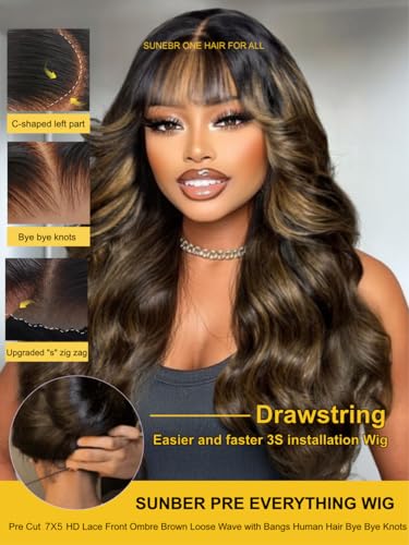 Image of Sunber Ombre Brown Highlight Balayage Loose Body Wave With Bangs Glueless Wigs Pre cut 7x5 HD Lace Front Bye Bye Knots Drawstring Wig 24Inch Put On Go Pre Plucked Bleached Invisible Knots 180% Density