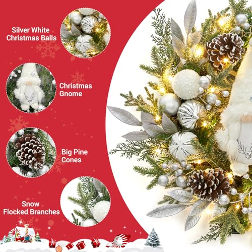 GarveeHome Pre-lit Christmas Wreath for Front Door, 22" Large Lighted Christmas Gnome Wreath, Winter Wreath with Silver White Xmas Balls 30 Lights and Timer for Indoor Outdoor Holiday Decorations