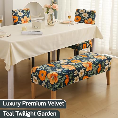 Image of HOKIPO Premium Printed Velvet Dining Bench Cover, Teal Twilight Garden (AR-5798-D2)