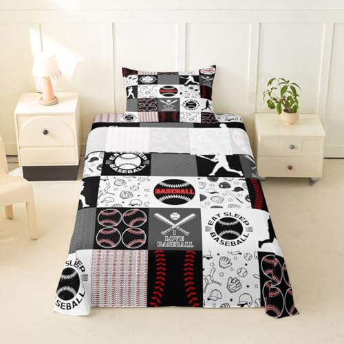Image of Castle Fairy Baseball Bed Sheet Set for Kids,Sports Geometric Grid Red Grey Sheets Set,Patchwork Baseball Home Decor Sheet Sets with Deep Pocket,Top Flat Sheet,Twin Size
