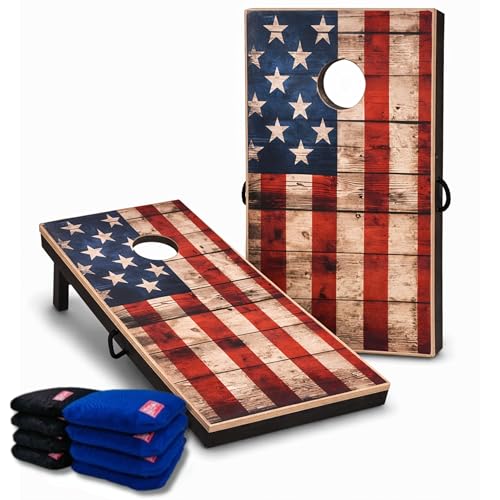 Image of Beewibe Classic Cornhole Board Game Kit - Available in 4'x2' Size - Comes with 8 Cornhole Bags (Cornhole Board Game Set) (Vintage USA Flag)