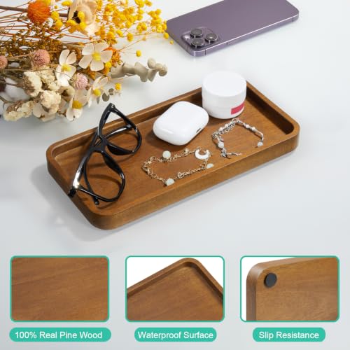 Image of ALELION 10 inch Acacia Wood Bathroom Vanity Tray for Counter, Wooden Soap Dispenser Tray for Kitchen, Toilet Tank Tray, Perfume Makeup Jewelry Catchall Organizer