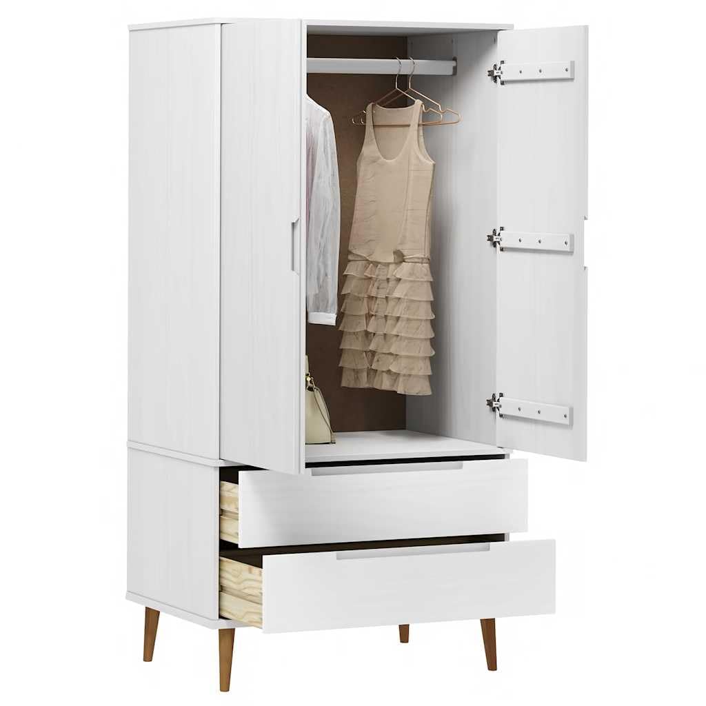 Armadio MOLDE bianco in legno di pino massiccio, 90 x 55 x 175 cm, con vernice UV, 2 cassetti, grande scomparto, guardaroba con asta appendiabiti per camera da letto, corridoio e spogliatoio