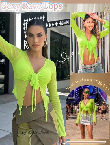Image of Avidlove Women Mesh Crop Top Y2K Tie Front Tops Rave Top Sheer Cardigan Sexy V Neck Outfits S-2XL