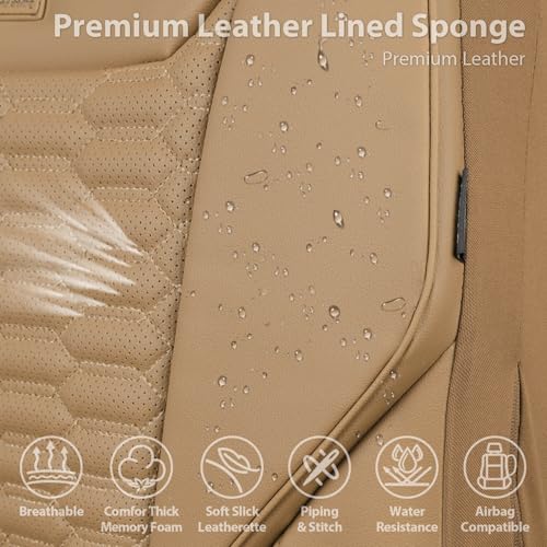Image of CAR PASS 3D Foam PU Leather Car Seat Covers Full Set,Tan Breathable Faux Leather Seat Covers for Car,Anti Slip Universal Fit for SUVs Vans Sedan Truck Automotive,Armrest Airbag Compatible All Beige