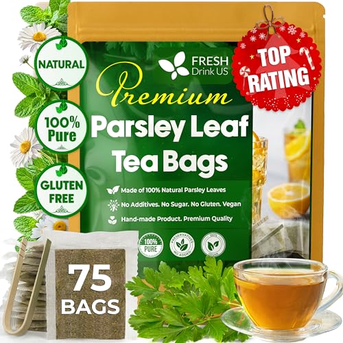 Image of Premium 75 Parsley Leaf Tea Bags, 100% Natural & Pure from Parsley Leaves. Loose Leaf Parsley Herbal Tea. Parsley Leaf Tea. Made with Natural Material Tea Bags. No Sugar, No Caffeine, No Gluten, Vegan.