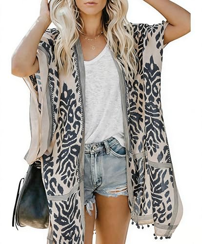 Kimono Robes Cardigan for Women Plus Size Sleeveless Beach Bikini Cover Up with Pom-pom Fashion Loose Swimwear Body Wrap for 2026 Summer Spring Blue