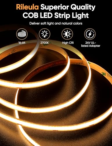 Image of COB LED Strip Lights 2700K Warm White with DC24V UL Listed Adapter | Music Sync LED Lights Remote App Control 16.4ft /5m CRI90+ Ultra Bright LED Rope Lights for Home Bedroom Cabinet DIY Lighting