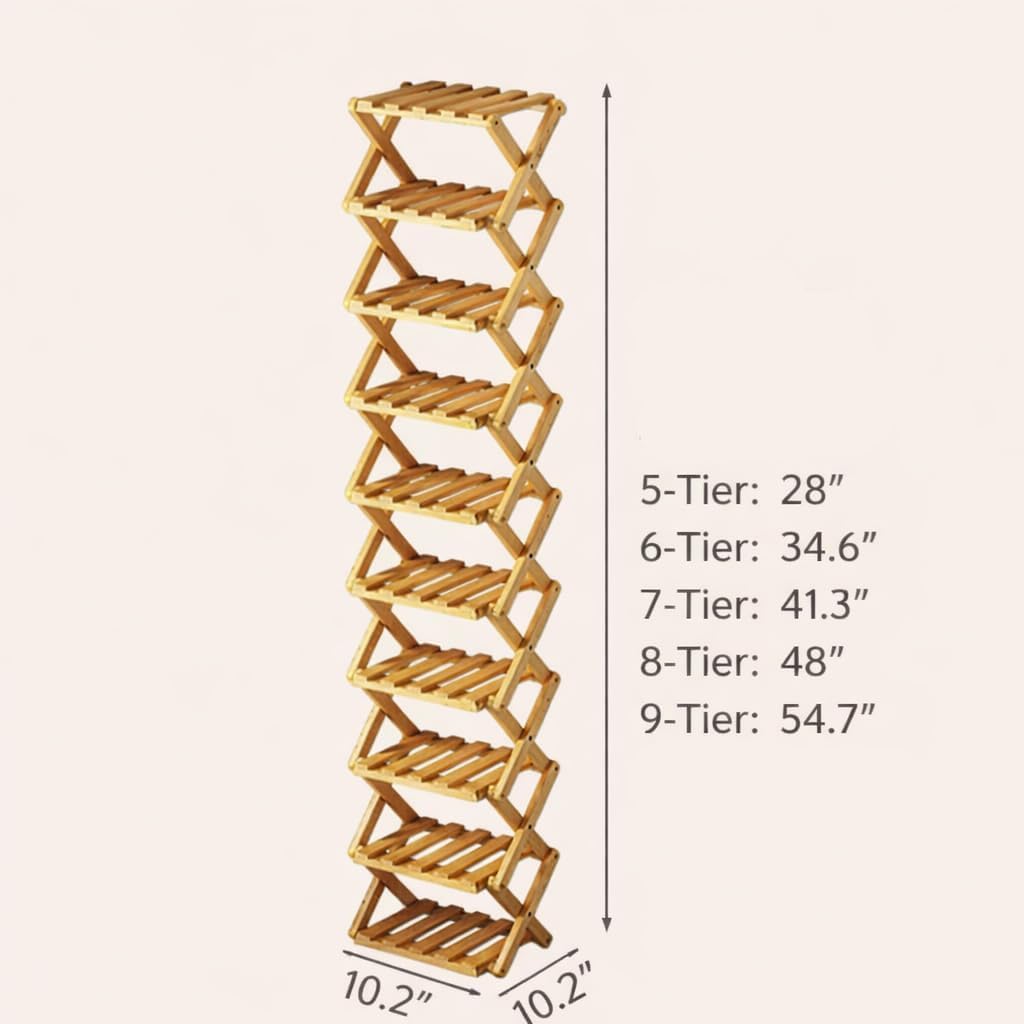 9 Tier Bamboo Shoe Rack, The 9-Tier No-Assembly Bamboo Rack, 9Tier Portable Folding Shoe Storage Rack, Foldable Narrow Shoe Organizer Shelf for Entryway, Closet, Corner, Bedroom (6 Tier)