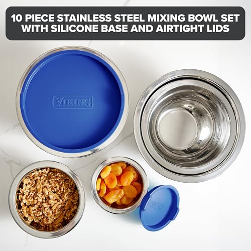 Viking Mixing Bowls Set, 10 Piece Stainless Steel Kitchen Cookware, Non-Slip Silicone Base, Includes Tight Fit Lids, Dishwasher Safe, Blue by Viking - Image 2