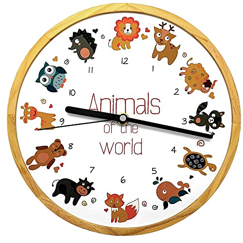 Holzwerk - Reloj de pared para niños (mecanismo silencioso, sin ruido de tictac), diseño de león, zorro, delfín, tortuga y animales, multicolor thumbnail