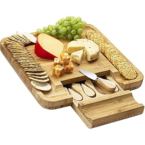 MITBAK Charcuterie Board Tray with 4 Cheese Knives | Bamboo Cheese Board Serving Tray | Cutting Board Platter Great Gift For Christmas, Thanksgiving | 13 x 13 x 1.5 Inches Cover