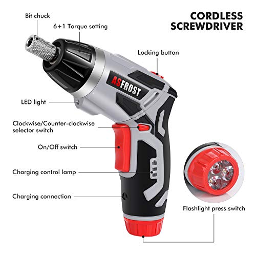Electric Screwdriver, AsFrost Cordless Screwdriver, Rechargeable 3.6V MAX 2000mAh Li-ion, 45pcs Accessories, Battery Indicator, 7 Torque Setting, 2 Position Handle with LED Light, Flexible Shaft - Thumbnail 3