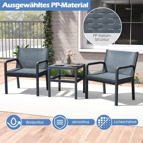 FANTASK 3tlg. Balkonmöbel Set, Gartenmöbel Set aus Rattan, inkl. 2 Stühle mit Tisch, Lounge Möbel TerassenmöbelSet, für Balkon, Terrasse, Garten, Grau