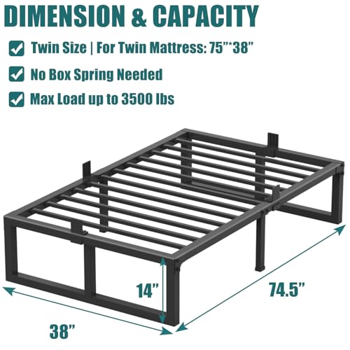 Image of Twin Bed Frames Platform, 14 Inch High 3500 lbs Heavy Duty Metal Platform, Mattress Foundation with Steel Slat Support /No Box Spring Needed /Noise Free /Non-Slip /Easy Assembly