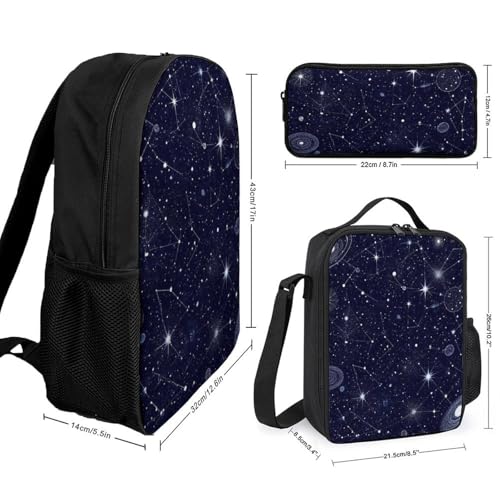 Travel Backpack Set, 17 Inch College Backpack with Thermal Lunch Bag Zodiac Constellation Galaxy Starry Night Stars Glow In The Dark Midnight Pencil Pouch Casual Bookbag Insulated Meal Bag2