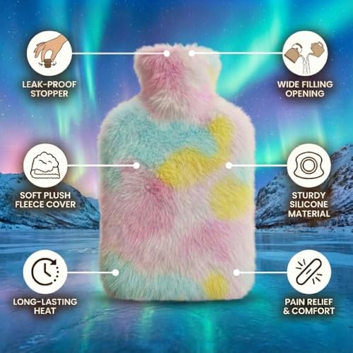 Image of Hot Water Bottle with Soft Plush Cover 2000ml Medical Grade Silicone Hot Water Bag for Period Cramps, Back Pain Relief, Hot & Cold Therapy, Muscle Aches & Body Relaxation Heating Pad (Unicorn)
