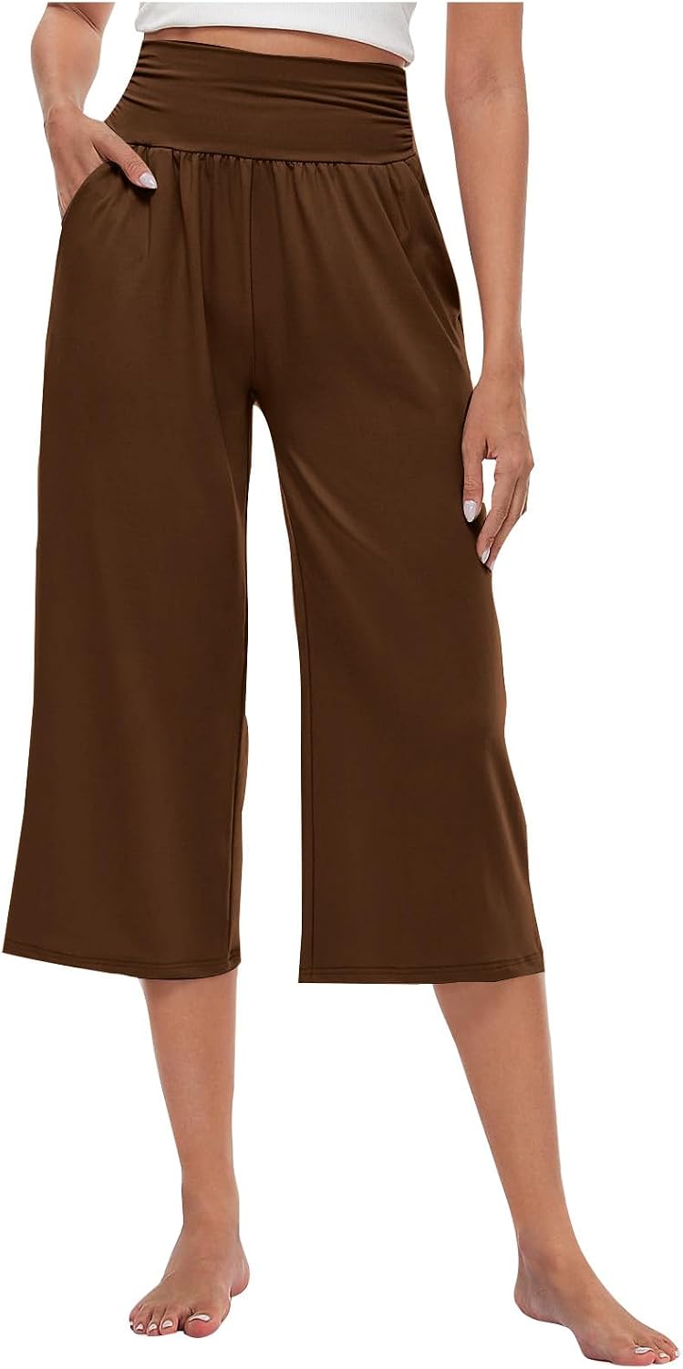 High Waist Wide Leg Yoga Pants for Women Fashion Solid Loose Comfy Capri Lounge Pant Tummy Control Yoga Capris