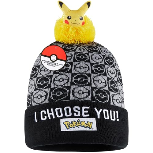 Pokémon Gorro Invierno Niño de Punto, 5-12 Años, Gorros Divertidos Niños Pikachu Gengar Eevee para Escuela Viajes, Regalos de Anime (5-12 Años, Negro Pikachu)